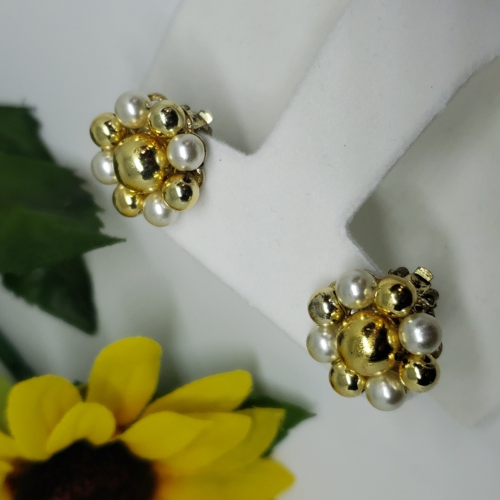 Vintage Pearl And Gold Bead Cluster Clip Earrings